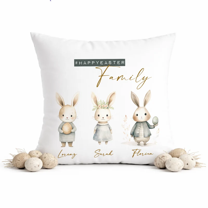 Personalisiertes Osterkissen mit Namen – Familienkissen mit Hasen – Osterdeko 40x40 – Geschenk für Kinder, Eltern & Großeltern – Kissenbezug mit oder ohne Füllung