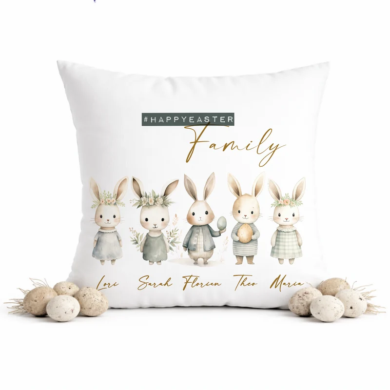 Personalisiertes Osterkissen mit Namen – Familienkissen mit Hasen – Osterdeko 40x40 – Geschenk für Kinder, Eltern & Großeltern – Kissenbezug mit oder ohne Füllung