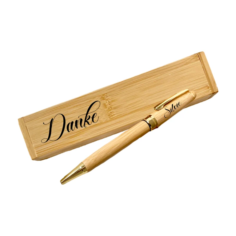 "Danke" Kugelschreiberset mit Namen als Geschenk für Sie und Ihn mit Etui aus Bambus