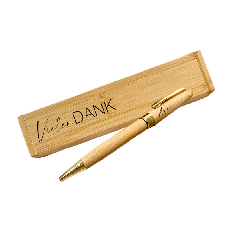 "Danke" Kugelschreiberset mit Namen als Geschenk für Sie und Ihn mit Etui aus Bambus