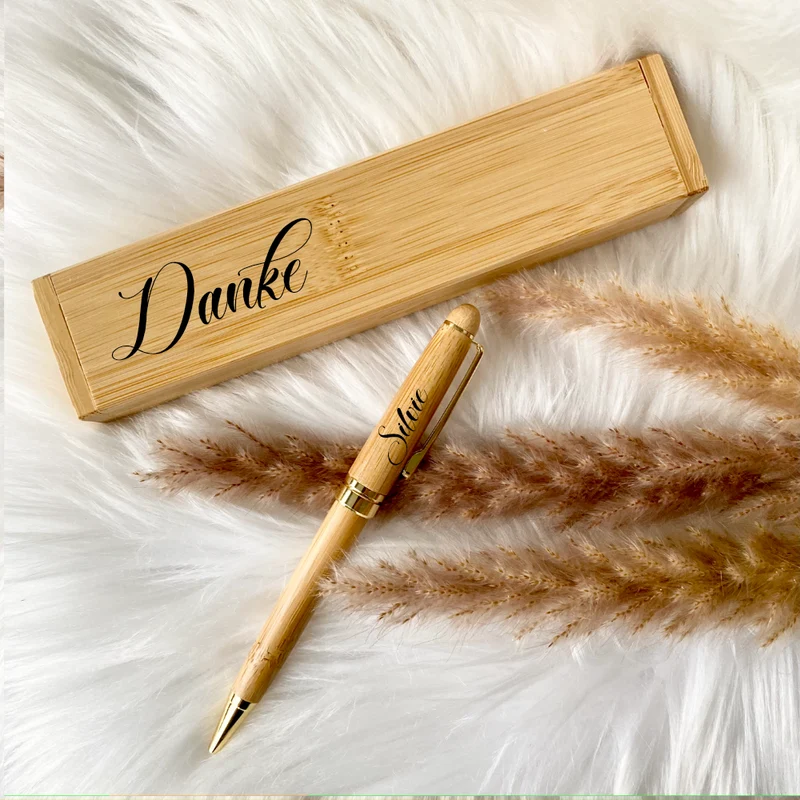 "Danke" Kugelschreiberset mit Namen als Geschenk für Sie und Ihn mit Etui aus Bambus