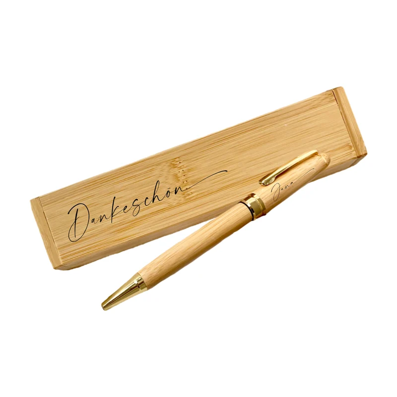 Personalisierter "Dankeschön" Kugelschreiber mit Namen und Etui aus Bambus als Dankeschöngeschenk