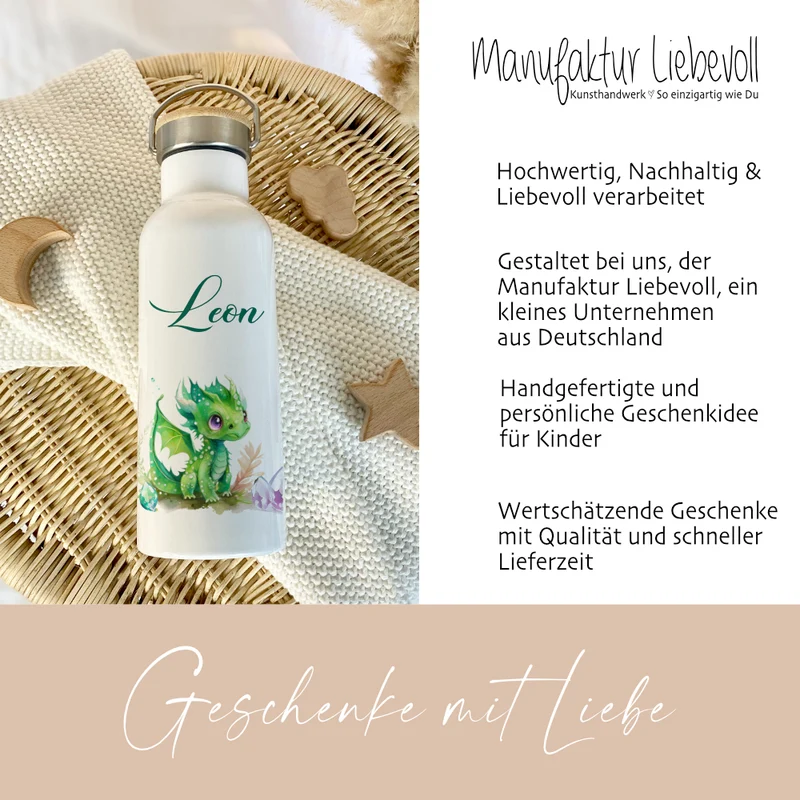 Kinder Trinkflasche "grüner Drache" für Jungen / Mädchen Geschenk mit Namen | Edelstahl Thermosflasche | Kita Schule 500ml