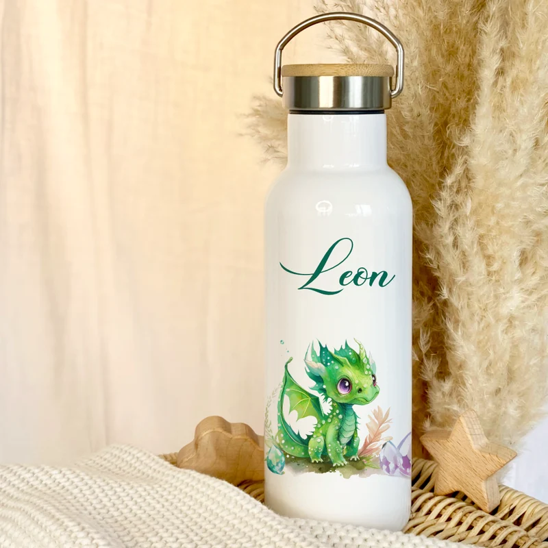 Kinder Trinkflasche "grüner Drache" für Jungen / Mädchen Geschenk mit Namen | Edelstahl Thermosflasche | Kita Schule 500ml
