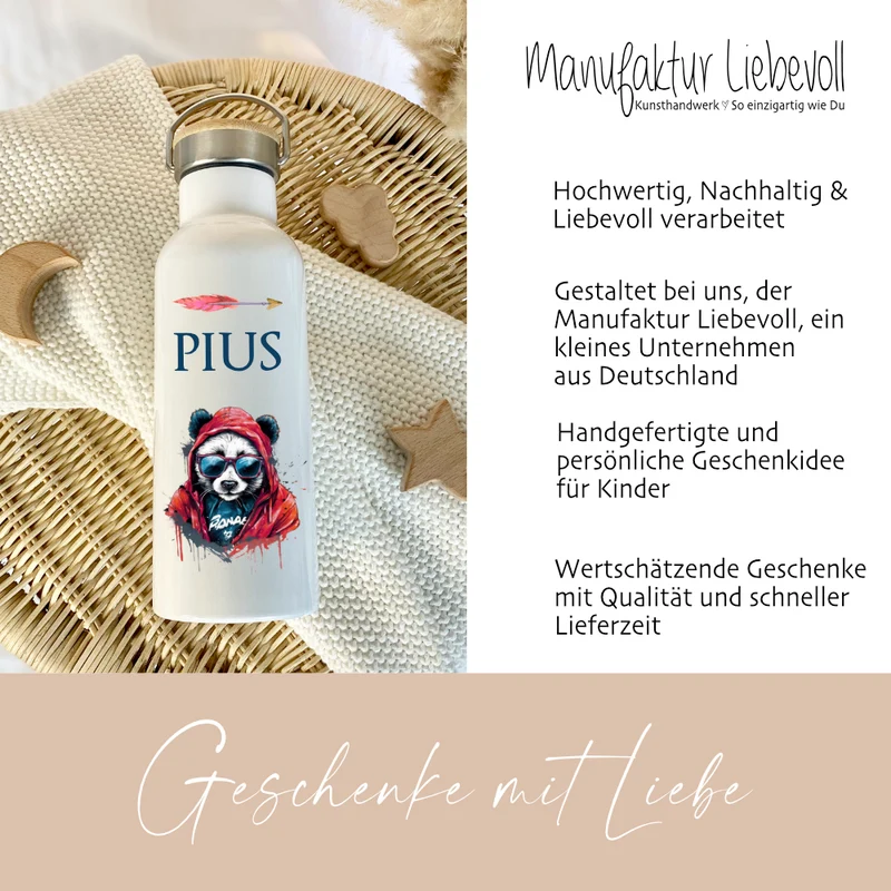 Personalisierte Kinder Trinkflasche "Panda" für Jungen mit Namen Teenager | Thermosflasche aus Edelstahl mit Bambusdeckel für Kita Schule | 500ml