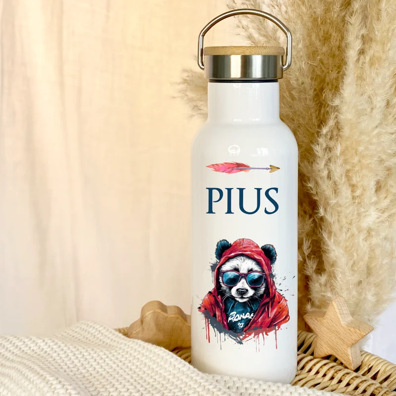 Personalisierte Kinder Trinkflasche "Panda" für Jungen mit Namen Teenager | Thermosflasche aus Edelstahl mit Bambusdeckel für Kita Schule | 500ml