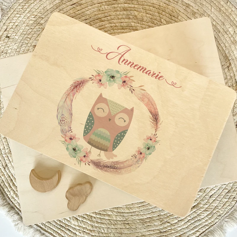 Personalisierte Erinnerungskiste "Eule" als Motiv für Babys zur Geburt und Taufe, Babygeschenk mit dem Namen, Holzkiste