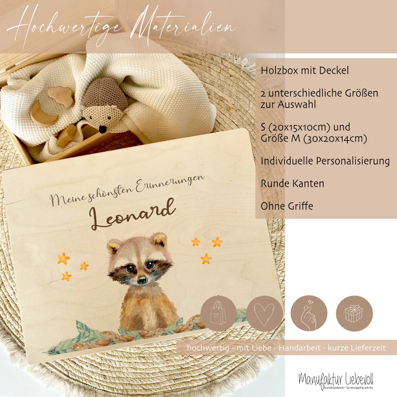 Personalisierte Erinnerungskiste "Waschbär" als Motiv für Babys zur Geburt und Taufe, Babygeschenk mit dem Namen, Holzkiste