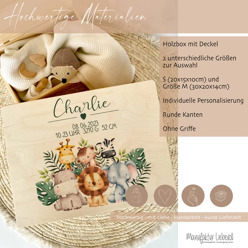 Personalisierte Erinnerungskiste "Safari Tiere" als Motiv für Babys zur Geburt und Taufe, Babygeschenk mit dem Namen, Holzkiste