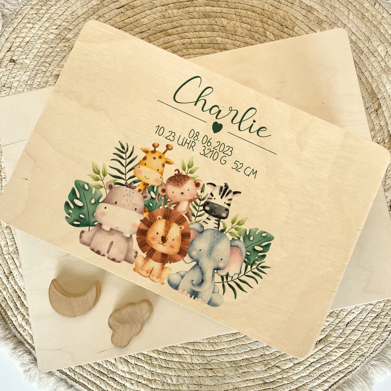 Personalisierte Erinnerungskiste "Safari Tiere" als Motiv für Babys zur Geburt und Taufe, Babygeschenk mit dem Namen, Holzkiste