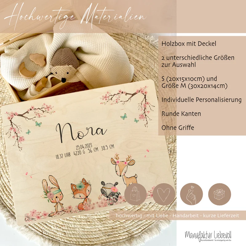 Personalisierte Erinnerungskiste "Tiere Boho" als Motiv für Babys zur Geburt und Taufe, Babygeschenk mit dem Namen, Holzkiste