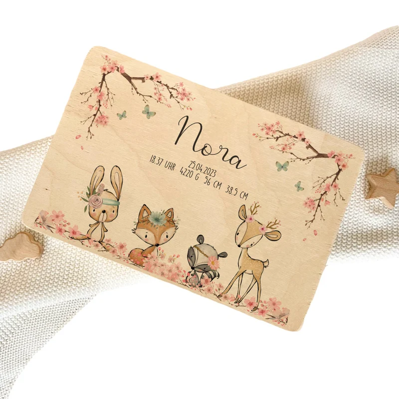 Personalisierte Erinnerungskiste "Tiere Boho" als Motiv für Babys zur Geburt und Taufe, Babygeschenk mit dem Namen, Holzkiste