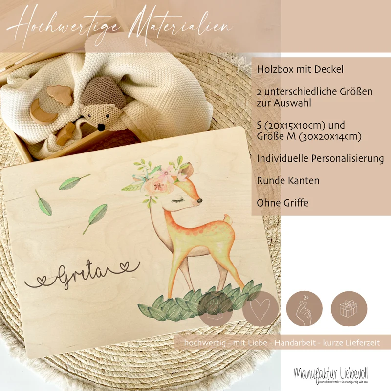 Personalisierte Erinnerungskiste "Rehkitz" als Motiv für Babys zur Geburt und Taufe, Babygeschenk mit dem Namen, Holzkiste