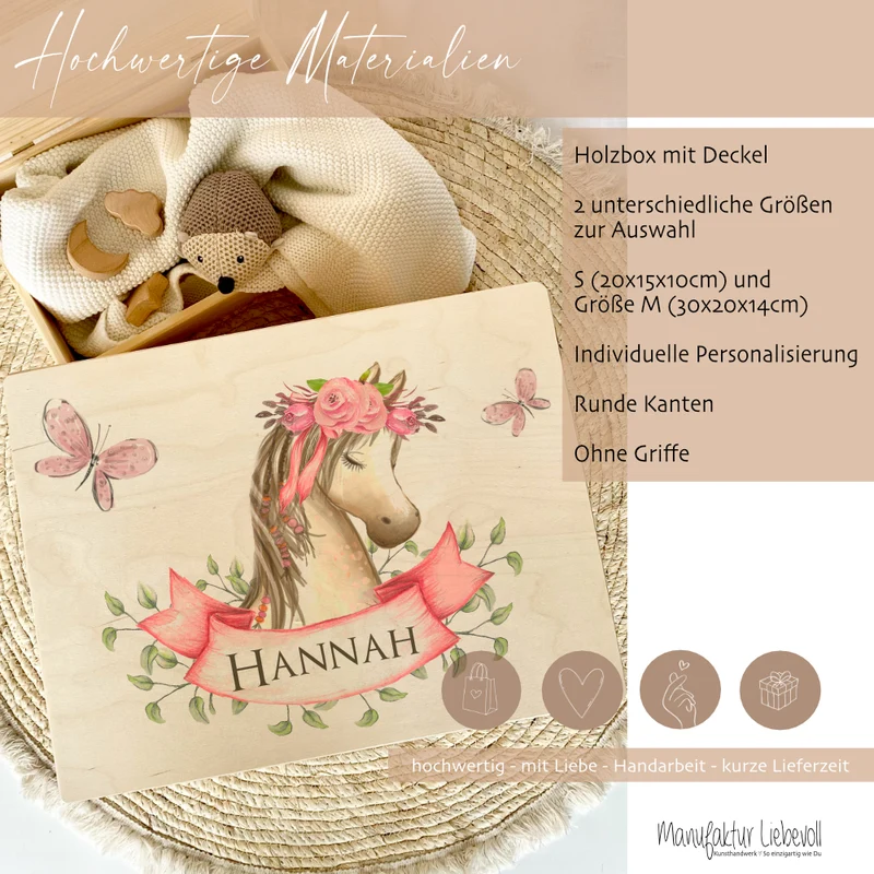 Personalisierte Erinnerungskiste "Pony" als Motiv für Babys zur Geburt und Taufe, Babygeschenk mit dem Namen, Holzkiste