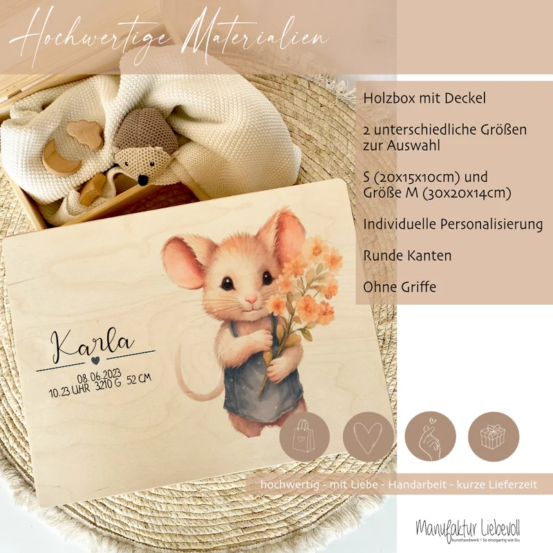 Personalisierte Erinnerungskiste "Maus" als Motiv für Babys zur Geburt und Taufe, Babygeschenk mit dem Namen, Holzkiste