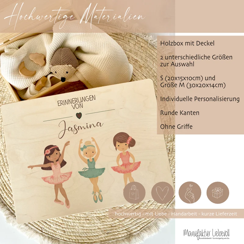 Personalisierte Erinnerungskiste "Ballett" als Motiv für Babys zur Geburt und Taufe, Babygeschenk mit dem Namen, Holzkiste