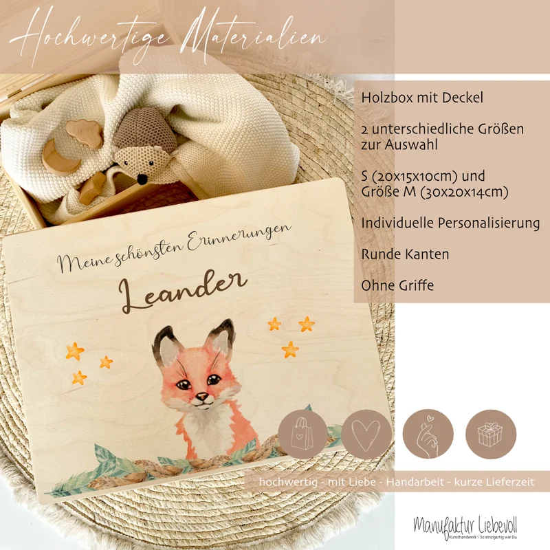 Personalisierte Erinnerungskiste "Fuchs" als Motiv für Babys zur Geburt und Taufe, Babygeschenk mit dem Namen, Holzkiste