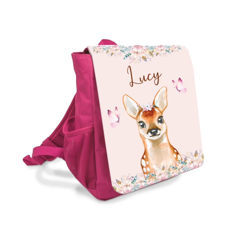 Kinderrucksack Rehkitz | Personalisierter rosa Rucksack für Mädchen | Nachhaltiges Geschenk für Kindergartenkinder von 2-6 Jahre