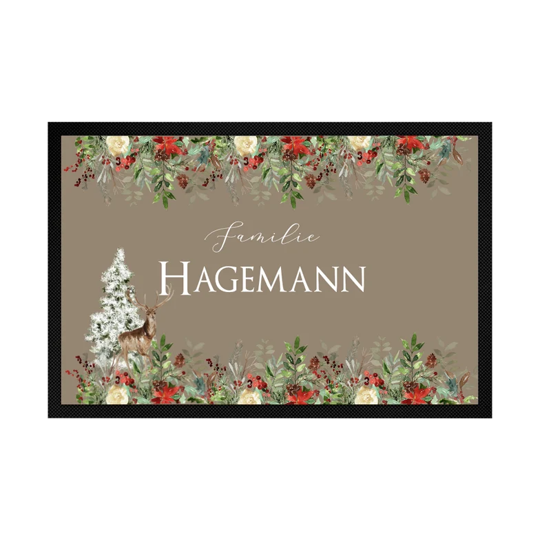 Weihnachtliche Fußmatte personalisiert mit dem Namen der Familie | Weihnachtsgeschenk und Weihnachtsdeko für die Haustür | Weihnachtslandschaft