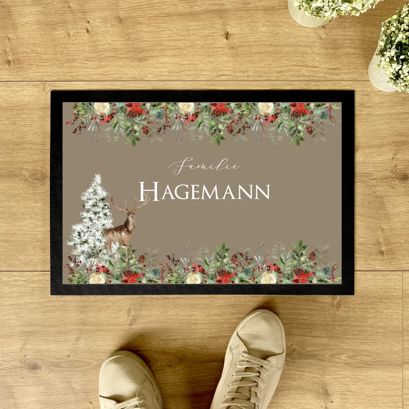 Weihnachtliche Fußmatte personalisiert mit dem Namen der Familie | Weihnachtsgeschenk und Weihnachtsdeko für die Haustür | Weihnachtslandschaft