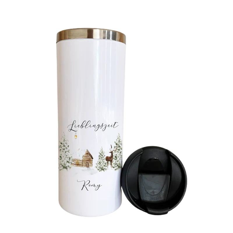 Thermobecher "Lieblingszeit" mit Namen und weihnachtlichem Motiv | Coffee to go Thermobecher aus Edelstahl in Weiß für Weihnachten und Winter