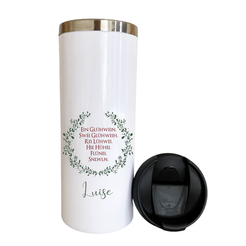 Thermobecher "Glühwein" mit Namen und niedlichen Spruch | Coffee to go Thermobecher aus Edelstahl in Weiß