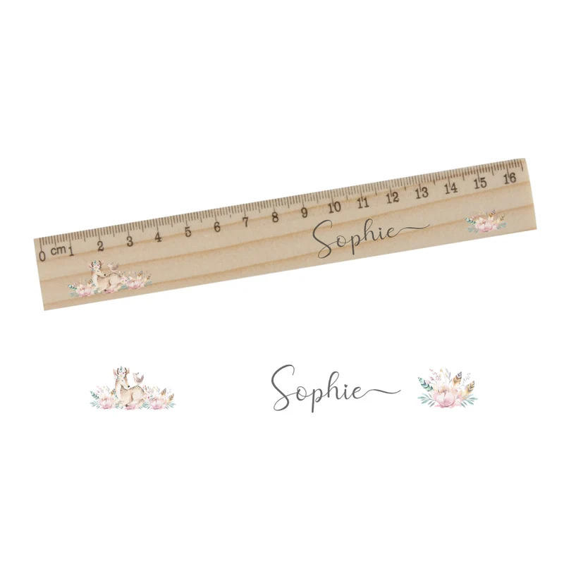 Lineal für Mädchen mit Namen und Rehkitz | Personalisiertes Geschenk für Kinder | Holzlineal mit Namen