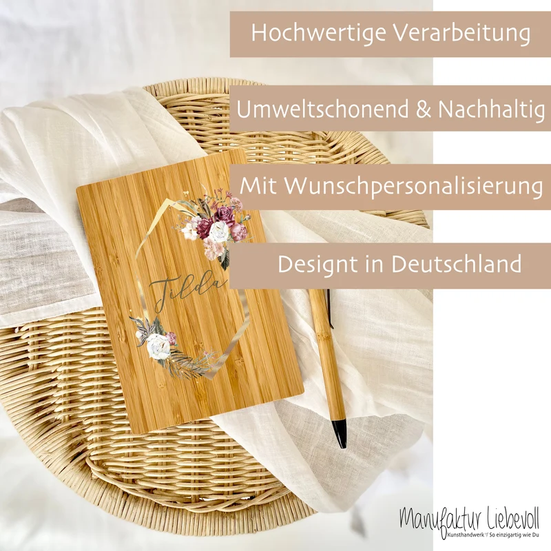 Boho Notizbuch mit Namen und Blumenkranz | Personalisiertes Buch aus Bambus und Kugelschreiber | Persönliche Geschenkidee für Sie