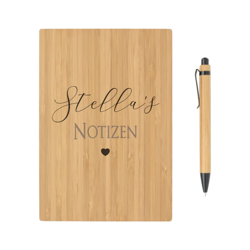 Personalisiertes Notizbuch mit Namen | Buch aus Bambus und Kugelschreiber | Persönliche Geschenkidee für Sie u. Ihn