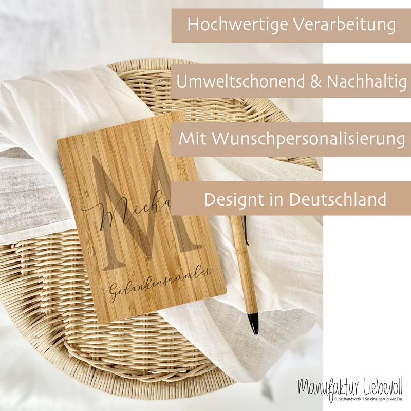 Personalisiertes Notizbuch "Gedankensammler" mit Namen und Monogram | Buch aus Bambus und Kugelschreiber | Persönliche Geschenkidee für Sie u. Ihn