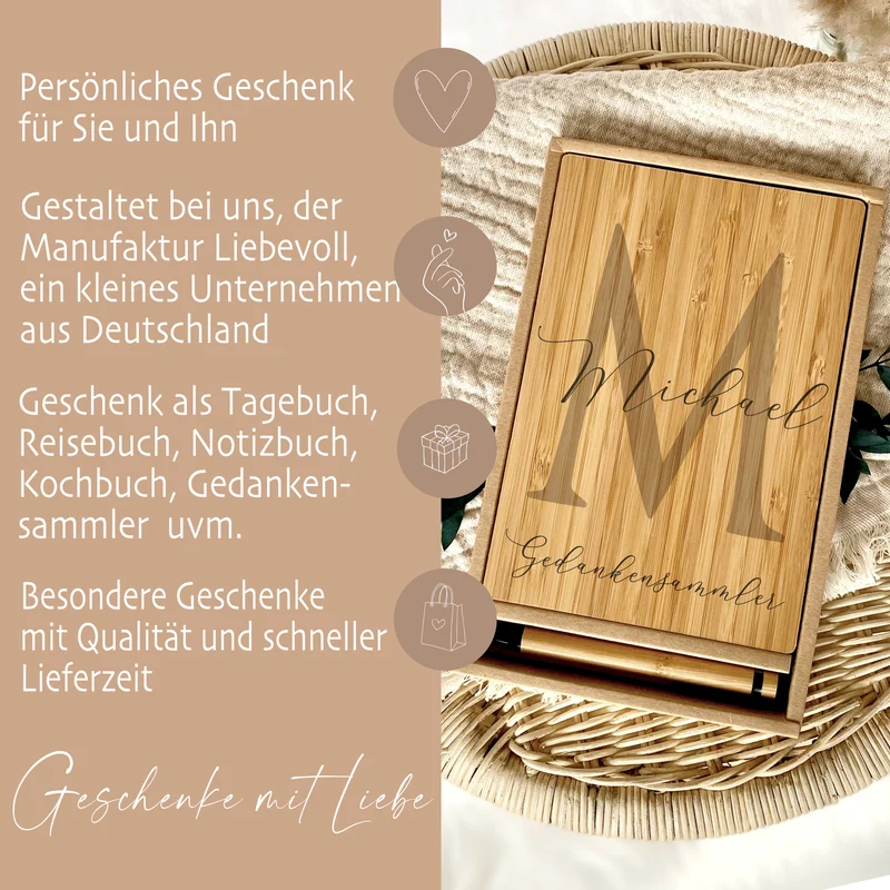 Personalisiertes Notizbuch "Gedankensammler" mit Namen und Monogram | Buch aus Bambus und Kugelschreiber | Persönliche Geschenkidee für Sie u. Ihn