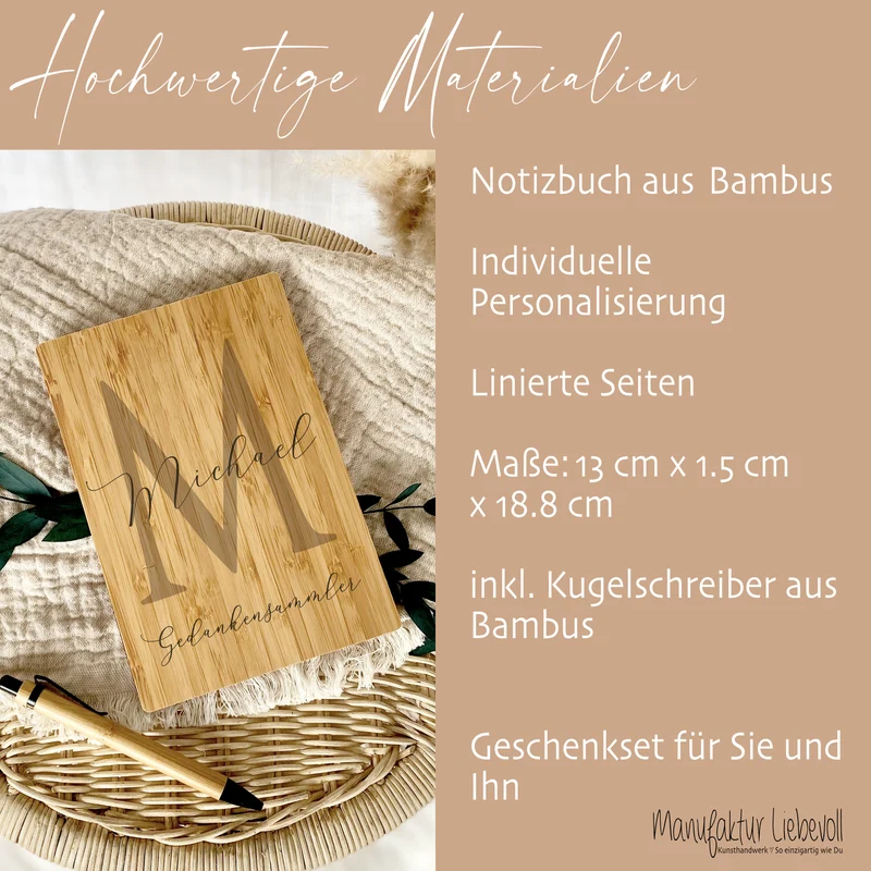Personalisiertes Notizbuch "Gedankensammler" mit Namen und Monogram | Buch aus Bambus und Kugelschreiber | Persönliche Geschenkidee für Sie u. Ihn