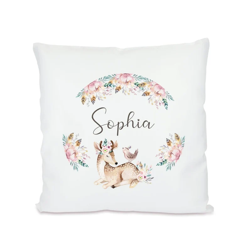Boho Kissengeschenk für Kinder | Personalisiertes Kissen mit Motiv Reh | Besondere Geschenkidee für Babys u. Kinder zur Geburt u. Taufe | Perfekte Deko für das Kinderzimmer | 4 Motivvarianten zur Auswahl