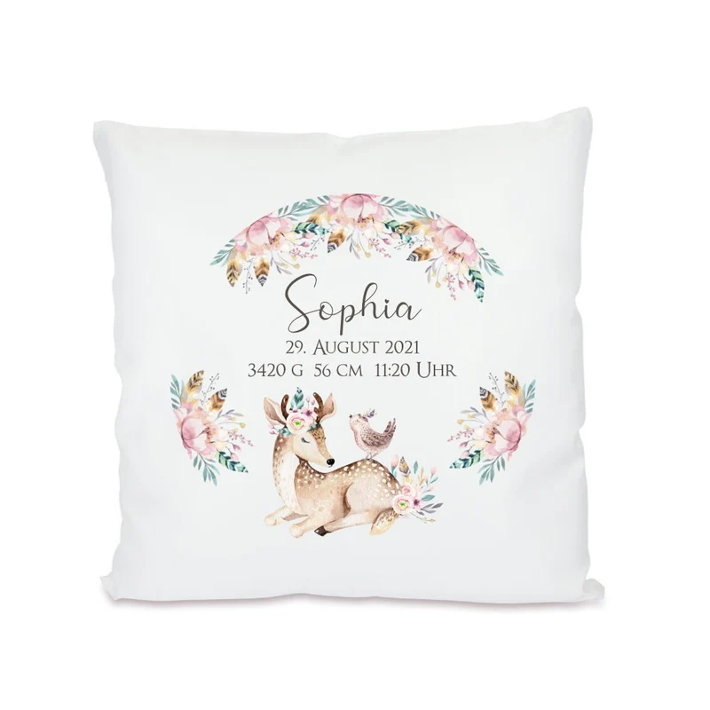 Boho Kissengeschenk für Kinder | Personalisiertes Kissen mit Motiv Reh | Besondere Geschenkidee für Babys u. Kinder zur Geburt u. Taufe | Perfekte Deko für das Kinderzimmer | 4 Motivvarianten zur Auswahl