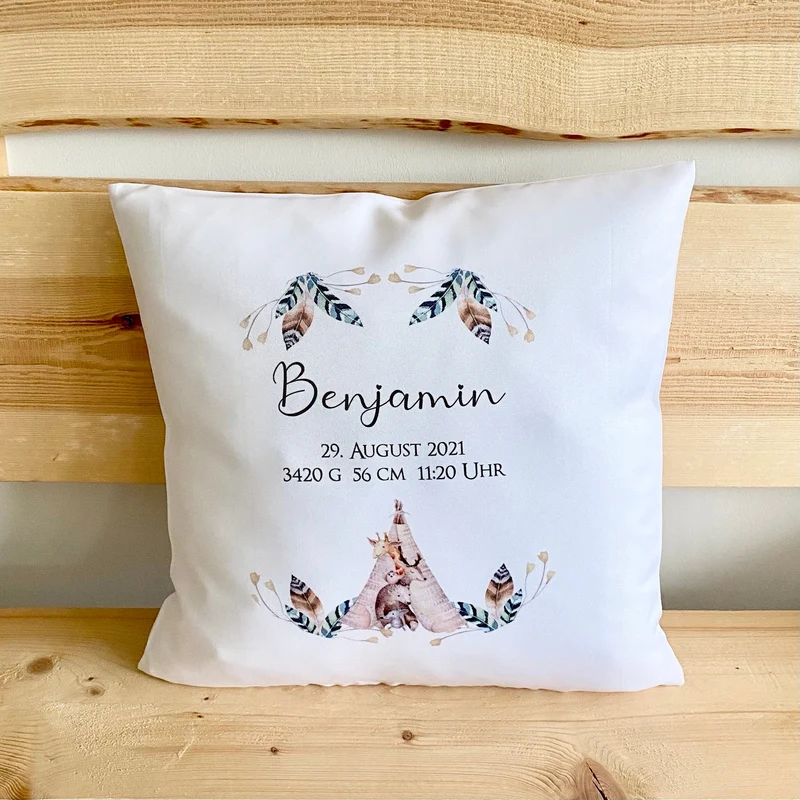 Boho Kissengeschenk für Kinder | Personalisiertes Kissen mit Motiv Reh | Besondere Geschenkidee für Babys u. Kinder zur Geburt u. Taufe | Perfekte Deko für das Kinderzimmer | 4 Motivvarianten zur Auswahl