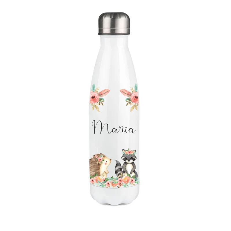 Personalisierte Trinkflasche "Boho Tiere" für Kinder aus Edelstahl | Auslaufsichere Wasserflasche mit dem Namen | Größenvarianten: 500 ml u. 750 ml