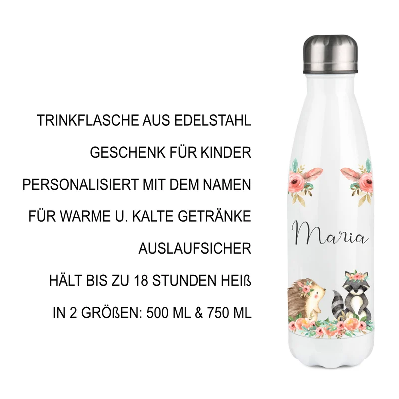 Personalisierte Trinkflasche "Boho Tiere" für Kinder aus Edelstahl | Auslaufsichere Wasserflasche mit dem Namen | Größenvarianten: 500 ml u. 750 ml