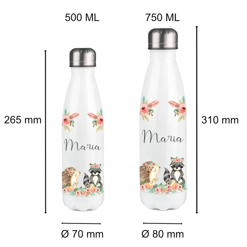 Personalisierte Trinkflasche "Boho Tiere" für Kinder aus Edelstahl | Auslaufsichere Wasserflasche mit dem Namen | Größenvarianten: 500 ml u. 750 ml