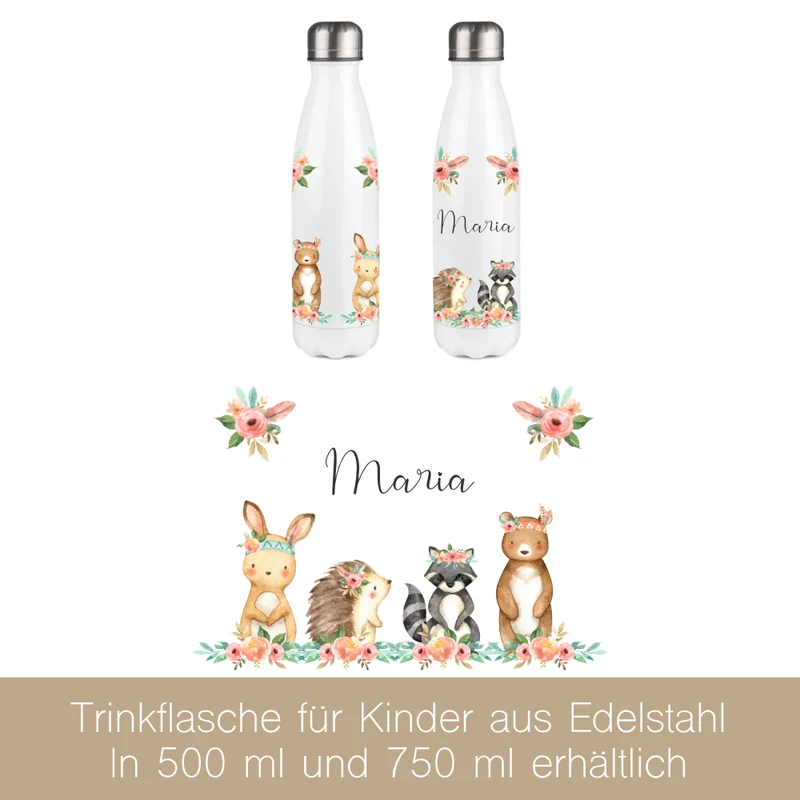 Personalisierte Trinkflasche "Boho Tiere" für Kinder aus Edelstahl | Auslaufsichere Wasserflasche mit dem Namen | Größenvarianten: 500 ml u. 750 ml