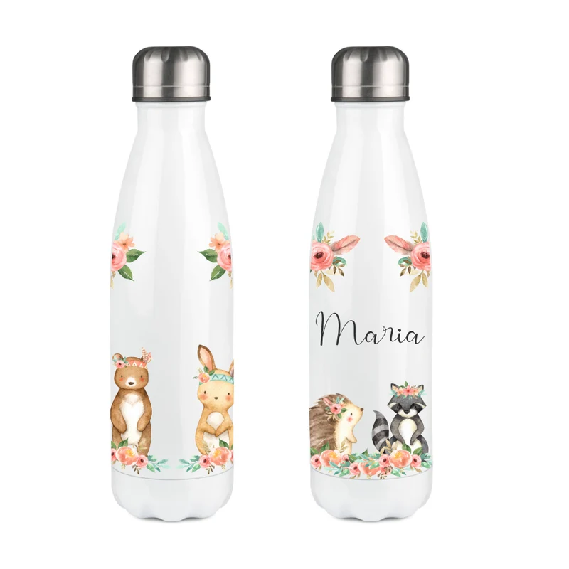 Personalisierte Trinkflasche "Boho Tiere" für Kinder aus Edelstahl | Auslaufsichere Wasserflasche mit dem Namen | Größenvarianten: 500 ml u. 750 ml