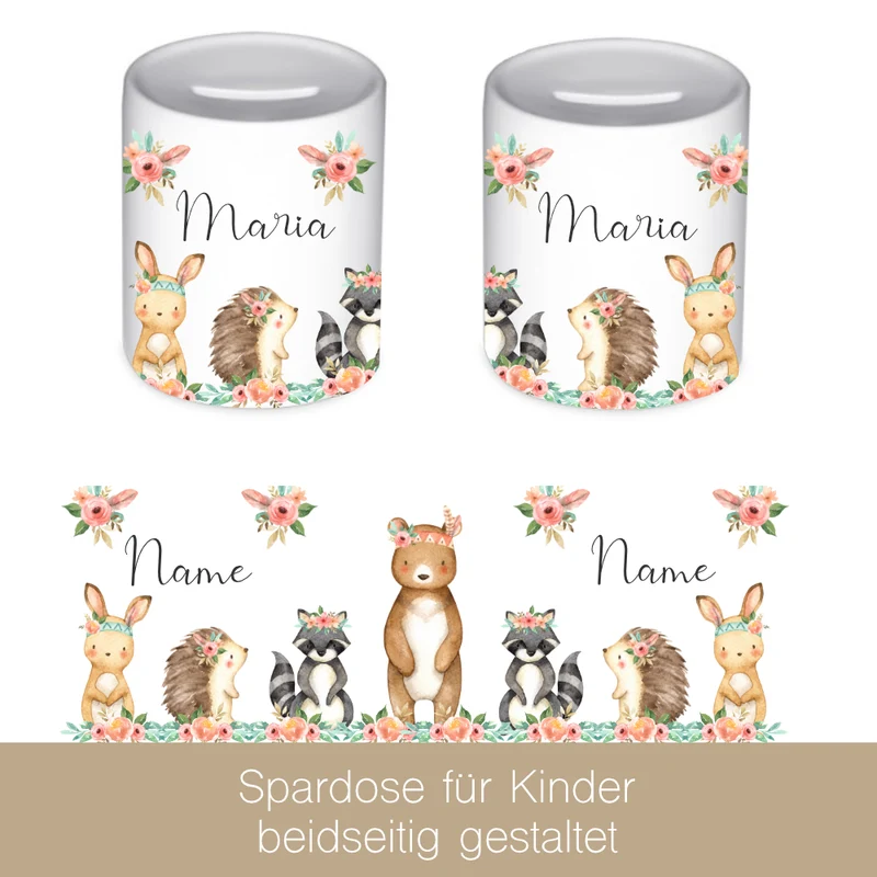 Spardose "Boho Tiere" mit Namen für Kinder | Personalisierte Kinderspardose