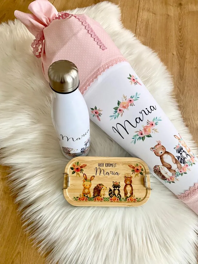 Genähte Schultüte "Boho Tiere" mit Namen | Personalisiert Stoffschultüte für Kinder | Optional mit Füllkissen und Spitzenschutz
