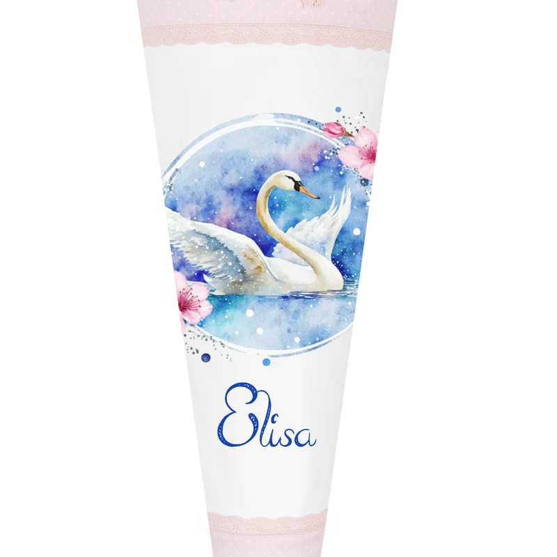 Schultüte "Schwan" aus Stoff | Personalisiert mit Namen und Datum für Mädchen | Optional mit Füllkissen und Spitzenschutz