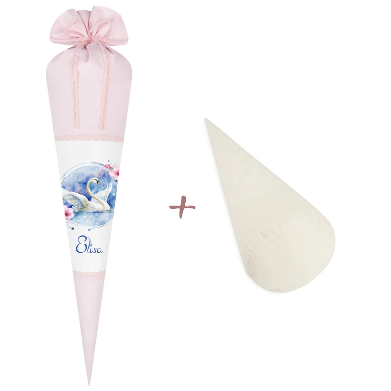 Schultüte "Schwan" aus Stoff | Personalisiert mit Namen und Datum für Mädchen | Optional mit Füllkissen und Spitzenschutz