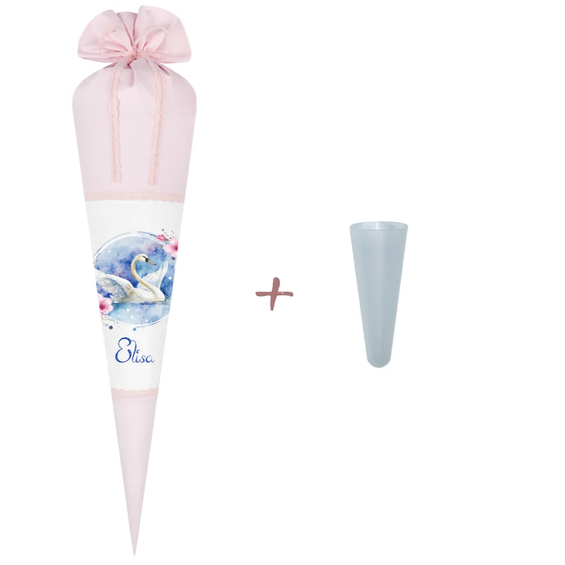 Schultüte "Schwan" aus Stoff | Personalisiert mit Namen und Datum für Mädchen | Optional mit Füllkissen und Spitzenschutz
