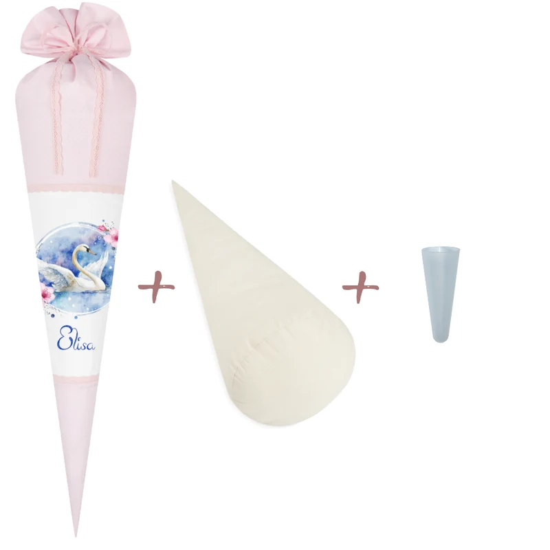 Schultüte "Schwan" aus Stoff | Personalisiert mit Namen und Datum für Mädchen | Optional mit Füllkissen und Spitzenschutz