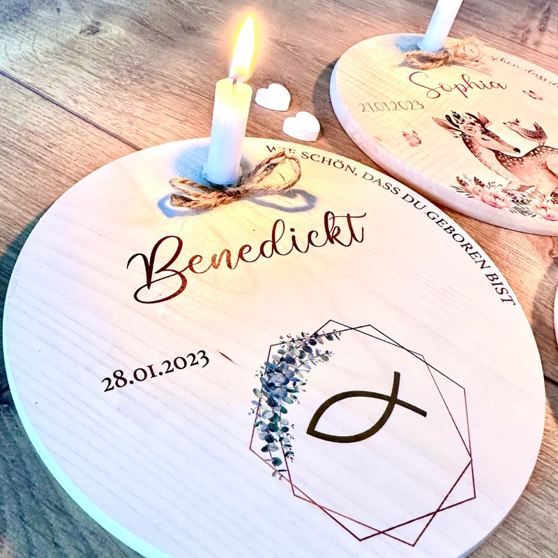 Geburtstagsteller "Fisch" für Kinder | Personalisierter Kerzenteller aus Holz für Mädchen und Jungen + Kerze | Geschenkidee zur Geburt, Taufe, Kindergeburtstag | weitere Motive zur Auswahl