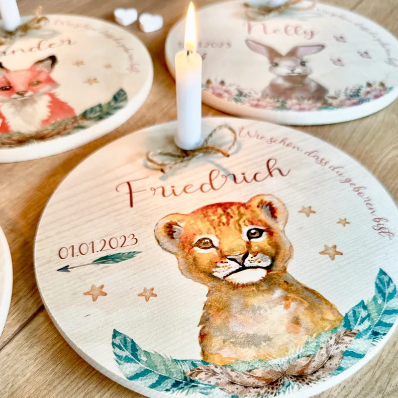 Geburtstagsteller "Fisch" für Kinder | Personalisierter Kerzenteller aus Holz für Mädchen und Jungen + Kerze | Geschenkidee zur Geburt, Taufe, Kindergeburtstag | weitere Motive zur Auswahl