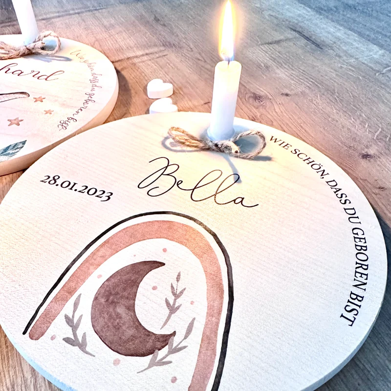 "Regenbogen" Geburtstagsteller für Kinder | Personalisierter Kerzenteller aus Holz für Mädchen und Jungen + Kerze | Geschenkidee zur Geburt, Taufe, Kindergeburtstag | weitere Motive zur Auswahl