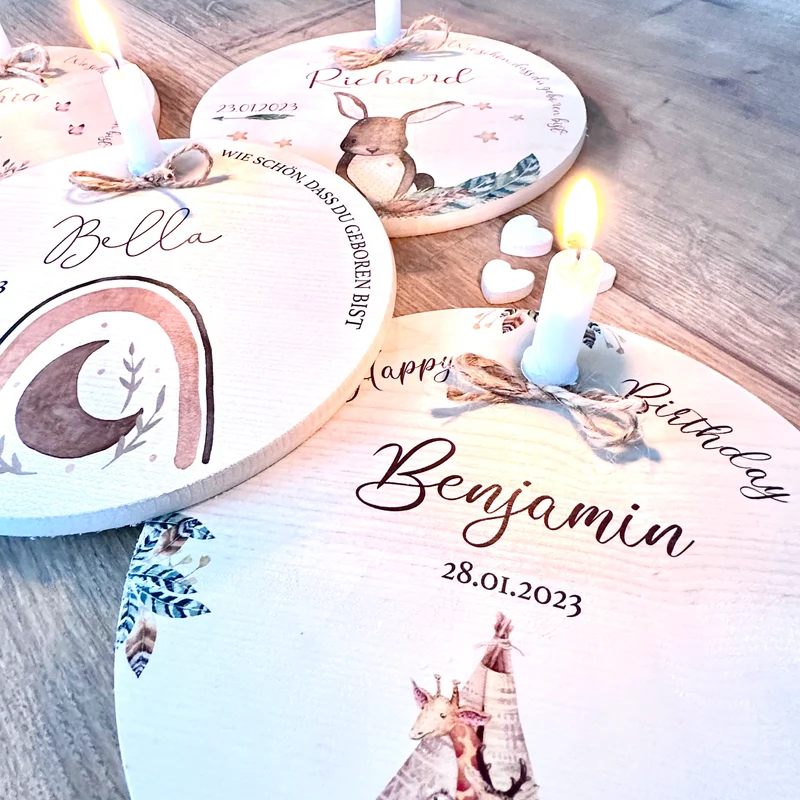 "Regenbogen" Geburtstagsteller für Kinder | Personalisierter Kerzenteller aus Holz für Mädchen und Jungen + Kerze | Geschenkidee zur Geburt, Taufe, Kindergeburtstag | weitere Motive zur Auswahl